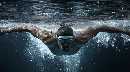 olympic swimmer in swimming goggles front view in wateの素材