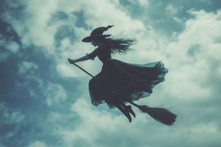 A spellbinding and enchanting witch gracefully rides her magical broom through a captivating, cloudy night skyの素材
