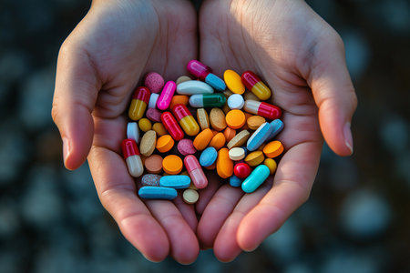hands holding various multicoloured pills and tablets. High quality illustrationの素材