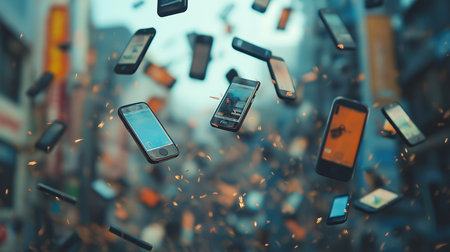 Many mobile phones flying in the air in the city. 3d illustrationの素材