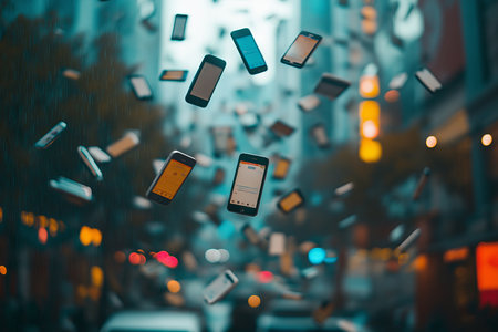 Cell phones falling down and crashing.Gadget Addiction Concept. High quality illustrationの素材