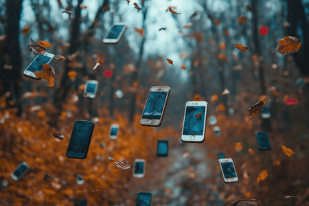 Cell phones falling down and crashing.Gadget Addiction Concept. High quality illustrationの素材