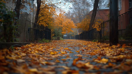 Autumn alley with beautiful golden colors and leaves, foliage. High quality illustrationの素材