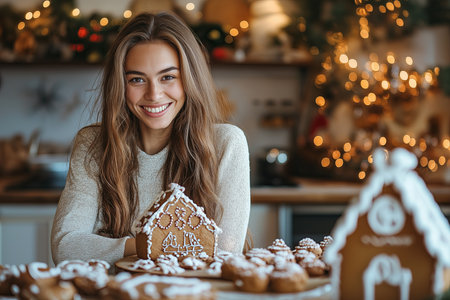 A joyful woman carefully decorates a delightful gingerbread house, creating festive cheer in her cozy kitchenの素材