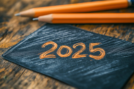 2025 written on a blackboard with pencils on wooden backgrouの素材