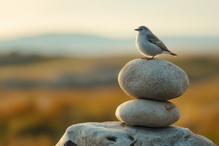 White bird sitting on a pile of stones in the sunset light.の素材