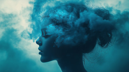 Fantasy portrait of a beautiful woman with smoke in her hair.の素材
