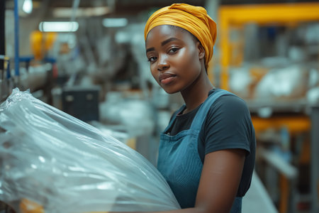 Portrait of young african american female worker carrying plastic bags in warehouseの素材