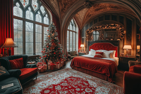 Luxury bedroom interior with christmas tree and presents. Comfortable bed.の素材