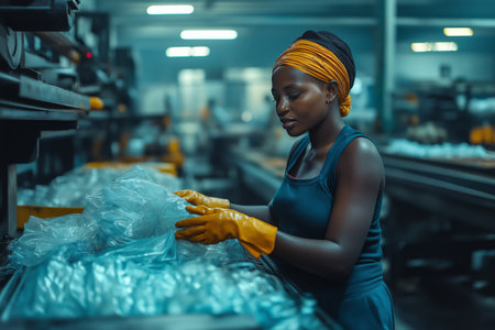 african american female worker working with plastic waste in production lineの素材