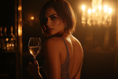 fashion interior photo of gorgeous woman with dark hair in luxurious evening dress posing with glass of champagneの素材