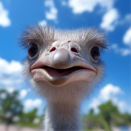 Ostrich on the background of the blue sky and clouの素材