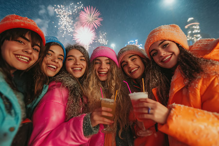 Happy group of young women celebrating New Year having fun with cocktaiの素材