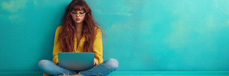 woman in casual outfit and trendy glasses sitting on the floor isolated on a bright colored background working on her laptop, copy spaceの素材