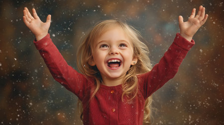 Cute little girl playing with snow on a background of a winter forestの素材