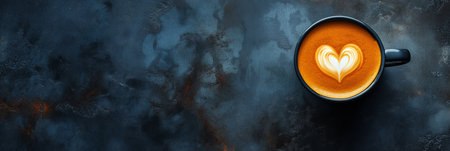 Cup of coffee with latte art on dark background. Top viewの素材