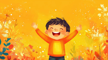 Happy boy with hands up on colorful autumn background. Vector illustration.の素材