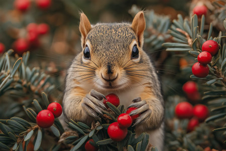 Squirrel sitting on the branches of a Christmas tree with red berries.の素材