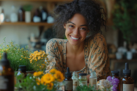 Smiling young woman in a flower shop with a bunch of flowersの素材