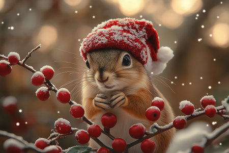 Cute squirrel in Santa Claus hat on branch with red berries outdoorsの素材