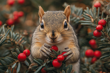 Squirrel sitting on a branch of a Christmas tree with red berriesの素材