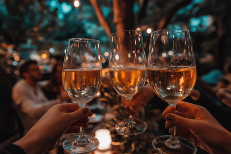 Close up of hands clinking glasses with white wine in restaurant.の素材