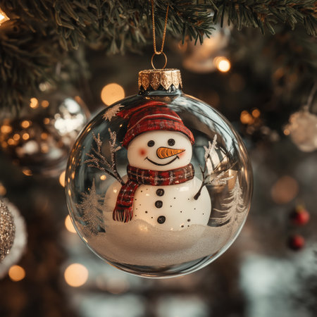 Snowman in a glass ball on the background of a Christmas treeの素材
