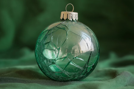 Broken glass christmas ball on a green background. Copy space.の素材