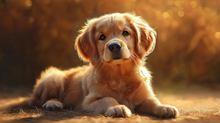A cute golden retriever puppy lying on the ground. High quality illustrationの素材
