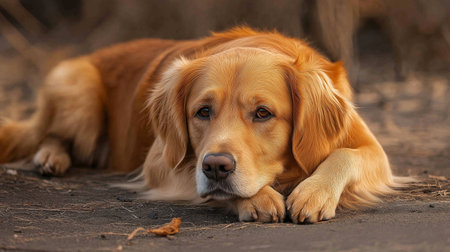 A cute golden retriever puppy lying on the ground. High quality illustrationの素材