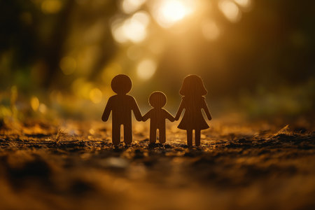 Silhouette of family on the ground in the forest. Selective focus.の素材