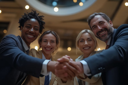 business, people and teamwork concept - group of smiling businesspeople joining hands in officeの素材