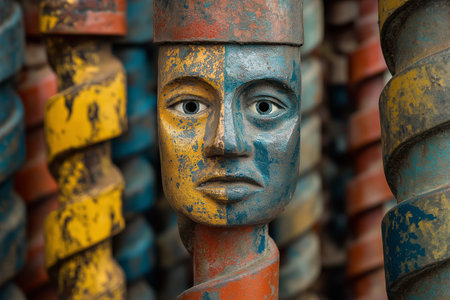A closeup shot of a metal mask on a pile of rusty pipの素材