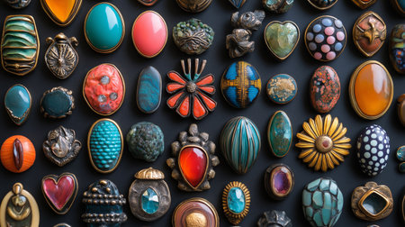 Colorful beads of different shapes and sizes on a black background.の素材