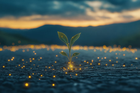 New plant growing amidst glowing lights on a dark landscape at sunsetの写真素材
