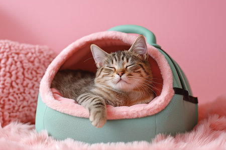 Cozy kitten relaxing in a soft bed against a pink backgroundの写真素材