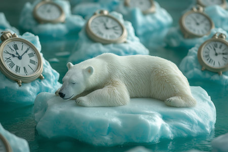 A lone polar bear resting on a floating patch of ice, surrounded by melting glaciers shaped like clocks, symbolizing urgency in climate actionの写真素材