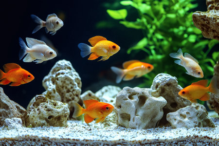 Colorful fish swimming in a vibrant aquarium filled with rocks and plantsの写真素材