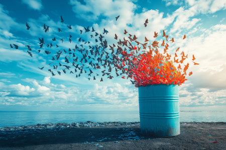A flock of birds flying out of a giant recycling binの写真素材
