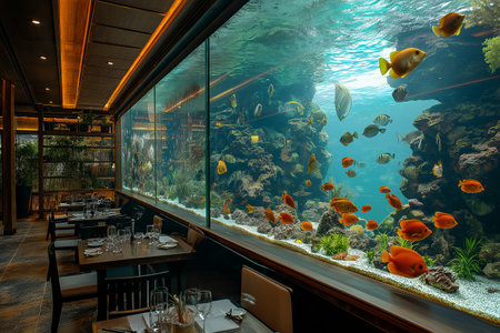 Elegant dining area with a large aquarium in a modern restaurantの写真素材