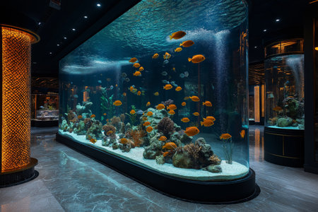 Colorful fish swim in a large aquarium in a modern buildingの写真素材
