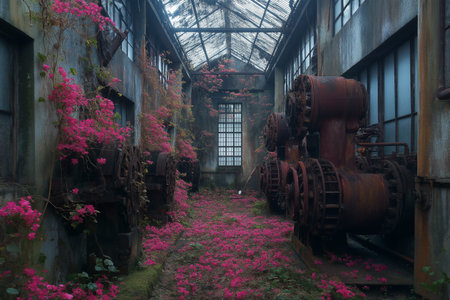 An abandoned factory overtaken by nature,