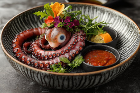 Luxurious dish featuring live baby octopus elegantly presented in a bowlの写真素材
