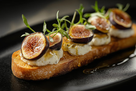 Minimalist presentation of fig and cheese on toasted bread with honey drizzleの写真素材