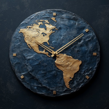 Elegant minimalist clock featuring a sculpted Earth design with gold accentsの写真素材