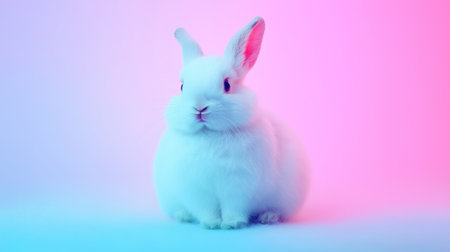 A fluffy white rabbit sits gracefully on a flat surface, illuminated by colorful pink and blue lights, creating a playful and modern atmosphere. The rabbit appears calm and curious.の素材