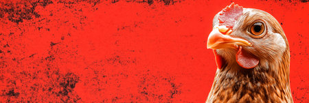 A hen poses for a close-up shot against a striking red background. Its feathers are textured, showcasing intricate patterns. The bright lighting highlights its features.の素材