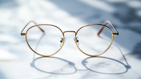 High quality photo of a single pair of round glasses with thin gold rims, placed on a plain white marble surface. Soft natural light casts delicate shadows, emphasizing the simplicity and eleganceの素材