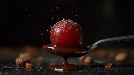 A red sweet is perched on a spoon and glistening with chocolate sauce, creating an enticing look against a dark backdrop during an evening dessert tasting.の素材