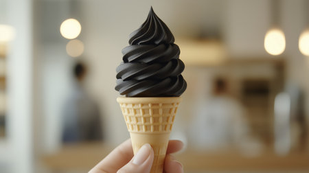 High quality photo of a single handcrafted black sesame ice cream cone, held by a pale hand, with a neutral blurred background to emphasize the dessertの素材